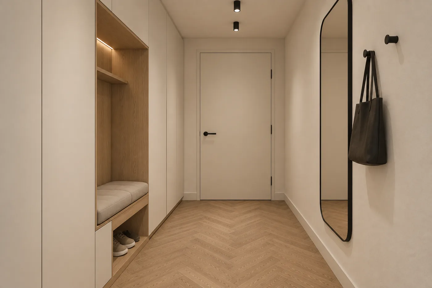 Randare 3D a holului Ivory Lines, cu dulap, bancă din stejar și oglindă.