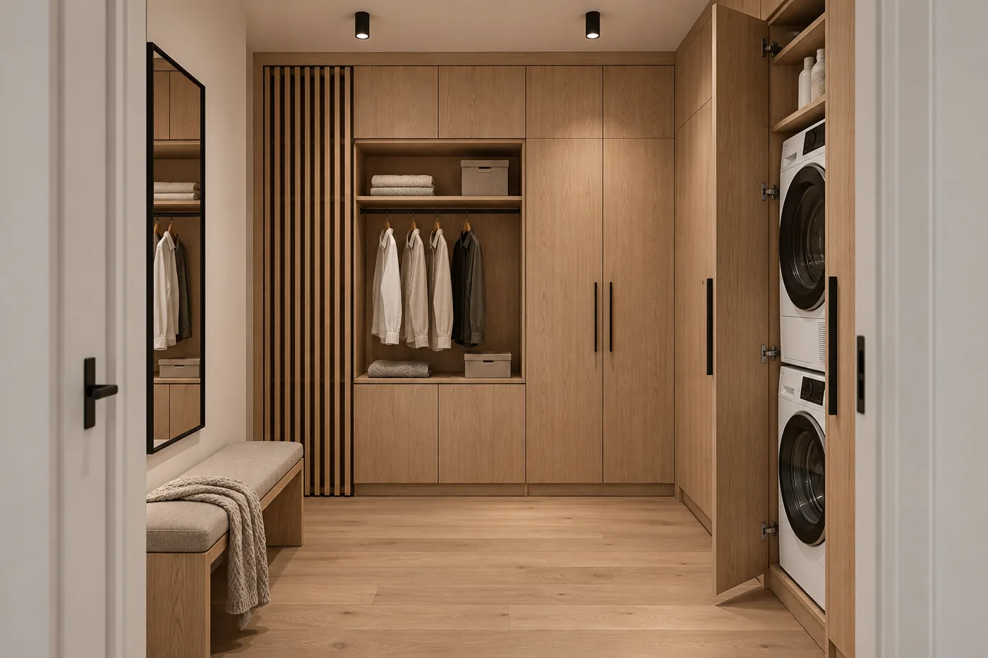 Randare 3D a dressingului, cu dulapuri și zonă de spălare în Oak Shade.