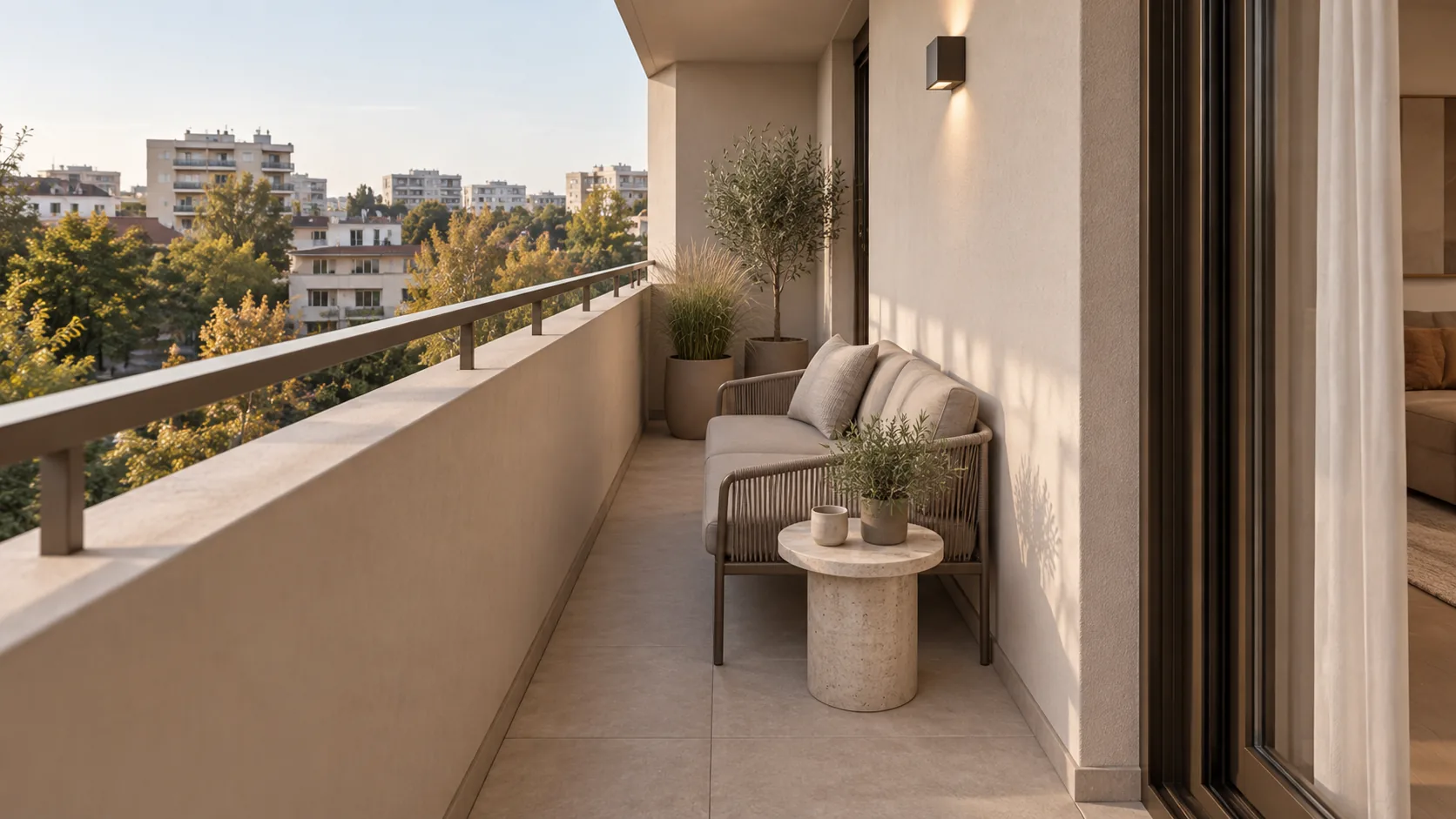 Randare 3D a balconului: canapea de exterior, masă rotundă de piatră, plante în ghivece și balustradă.