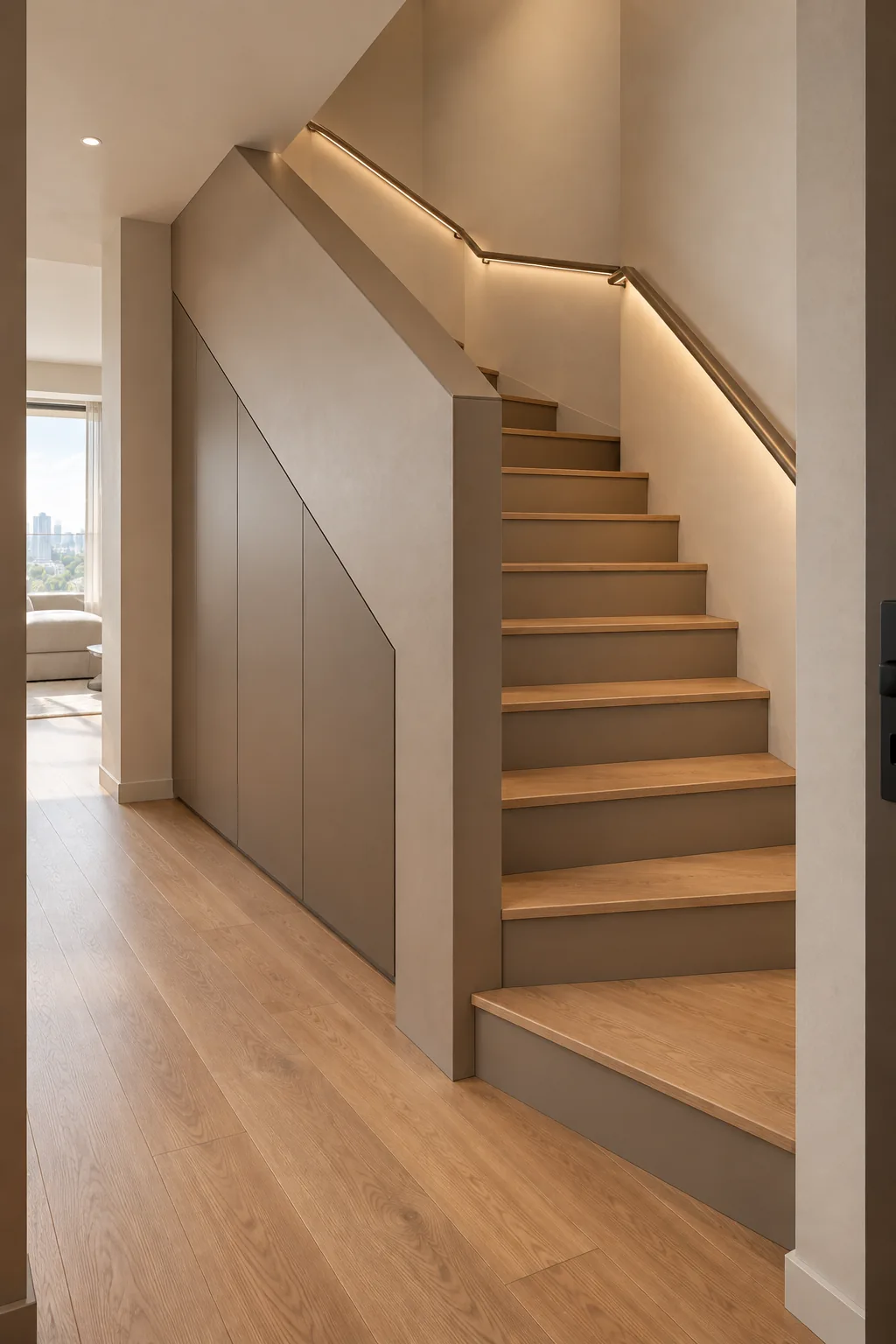 Randare 3D a scării interioare: trepte din stejar, balustradă greige și lumină liniară.