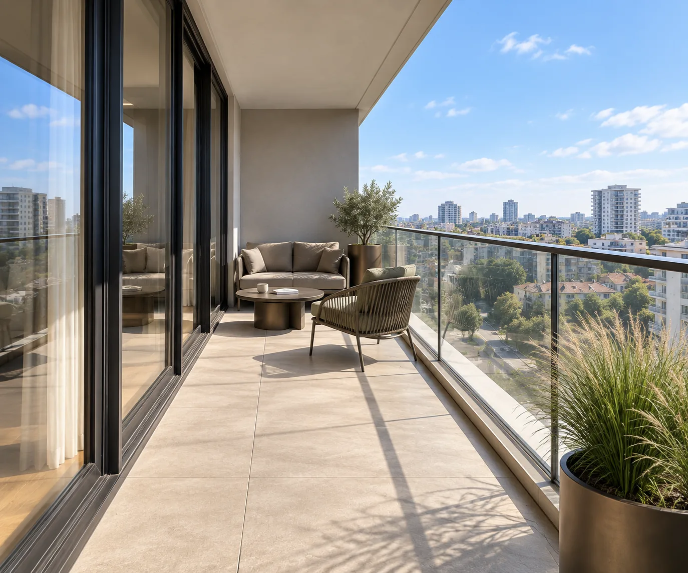 Randare 3D a balconului: zonă de relaxare, jardiniere și vedere deschisă spre oraș.
