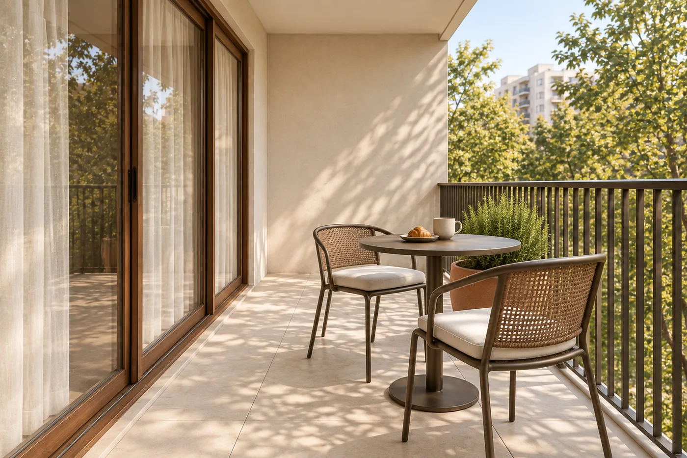 Randare 3D a mesei de pe balconul Nature Rhythm, cu două scaune și jardiniere.