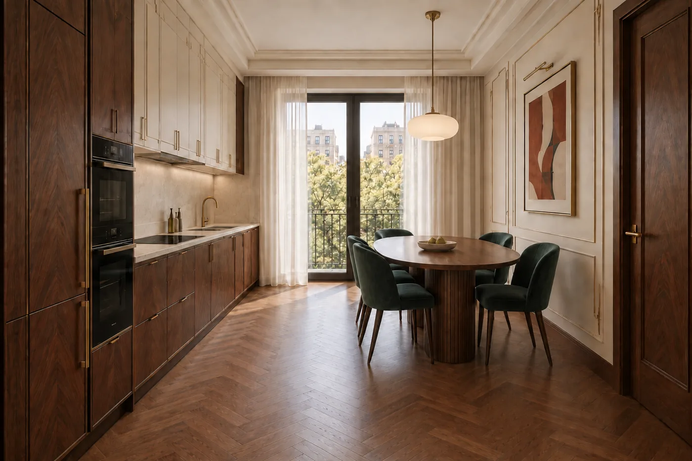 Randare 3D a bucătăriei, cu mobilier din nuc și masă ovală în Velvet Avenue.