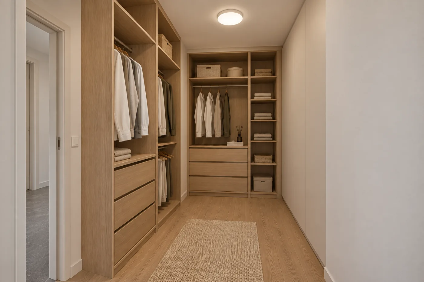 Randare 3D a dressingului Daylight Blue, cu dulapuri deschise și trecere spre dormitor.