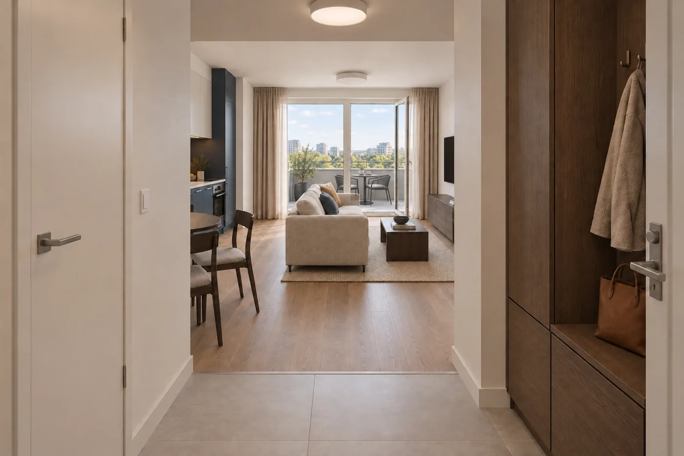 Randare 3D a holului Daylight Blue, cu acces spre baie și vedere către living.