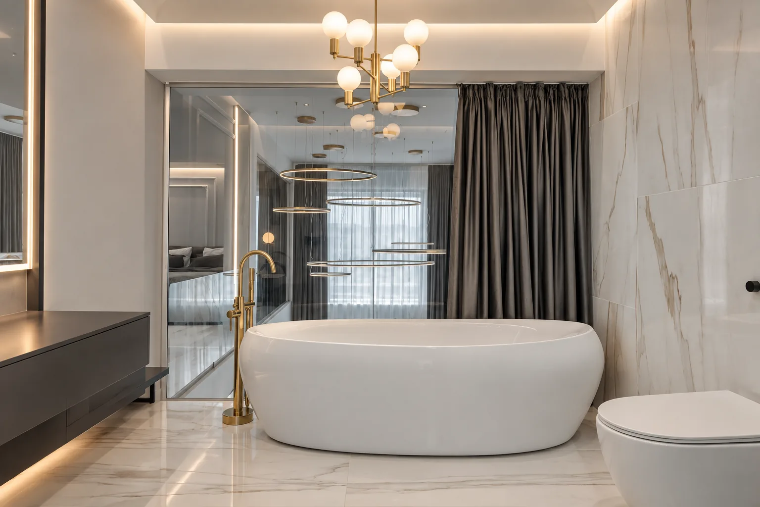 Randare 3D a băii Emerald Halo, cu o cadă freestanding, placări deschise și baterii din alamă.