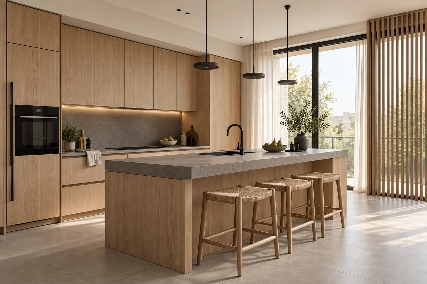 Randare 3D a bucătăriei, cu insulă din piatră și mobilier din stejar în Oak Shade.