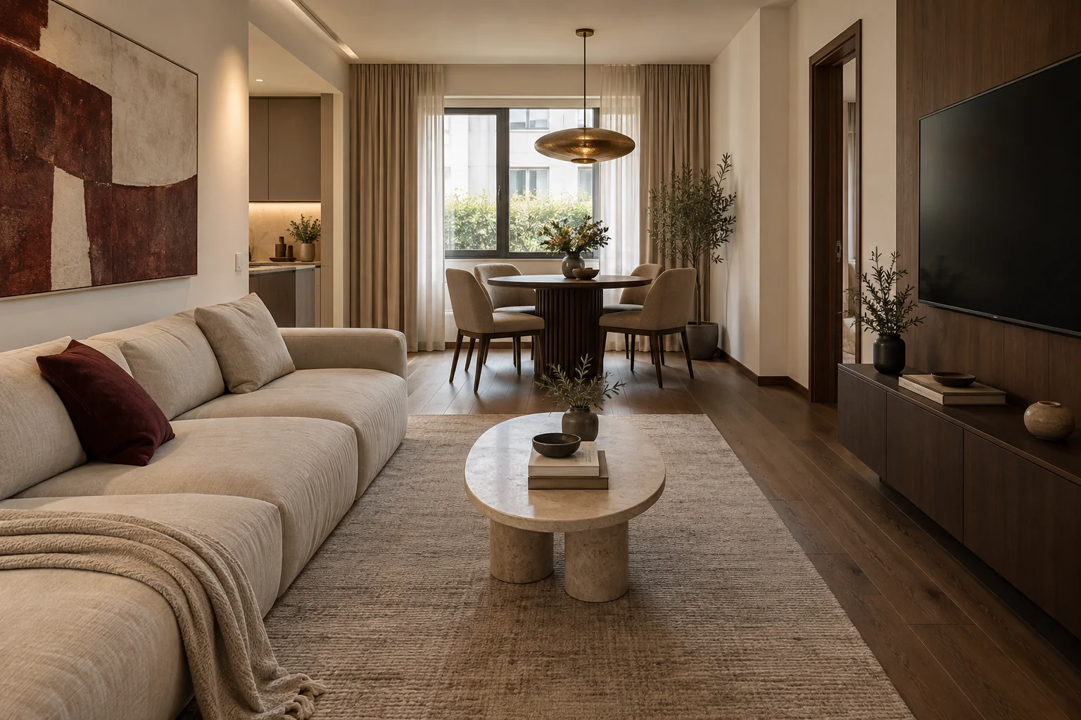 Randare 3D a livingului Burgundy Hour, cu canapea ivoire, mobilier din nuc și masă rotundă.