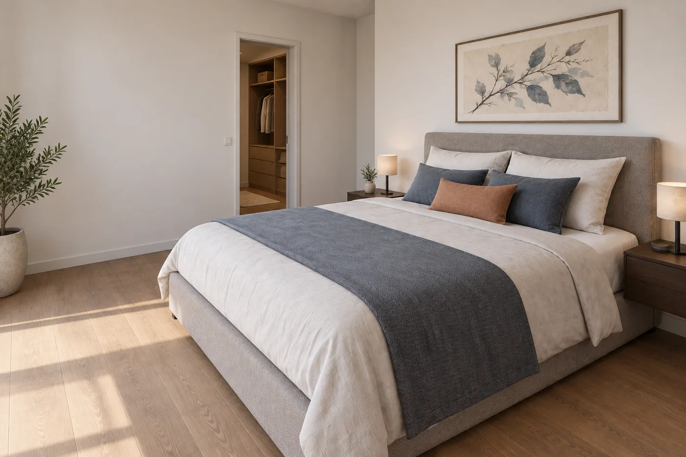Randare 3D a dormitorului Daylight Blue, cu intrarea în dressing lângă pat.