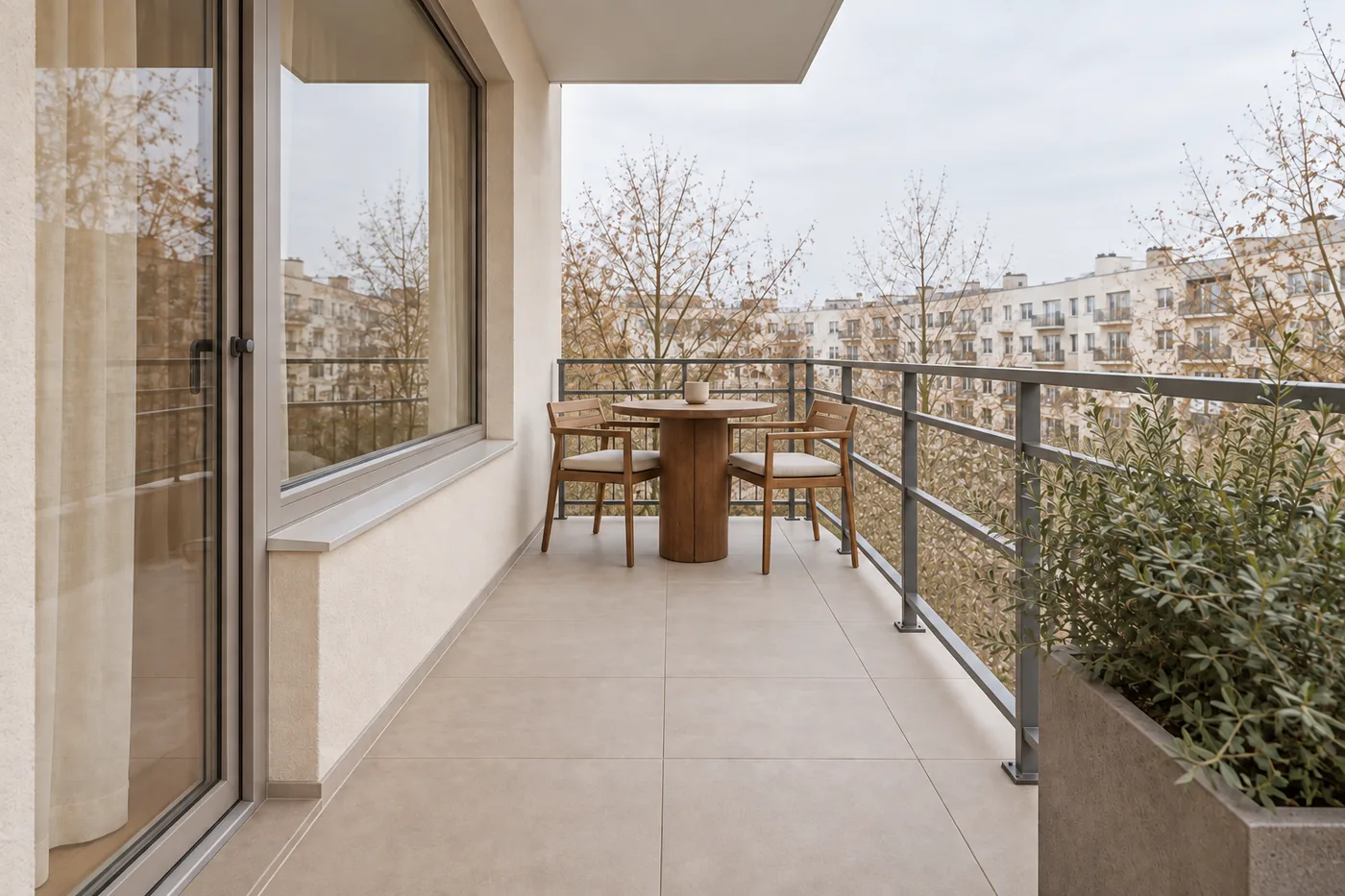Randare 3D a balconului Clay Still, cu masă, scaune și balustradă metalică.