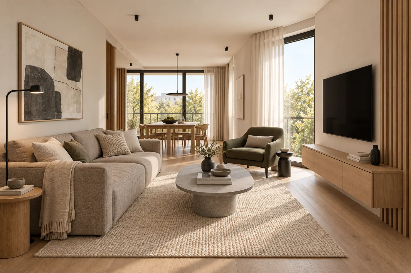Randare 3D a livingului, cu canapea orientată spre televizor în Oak Shade.