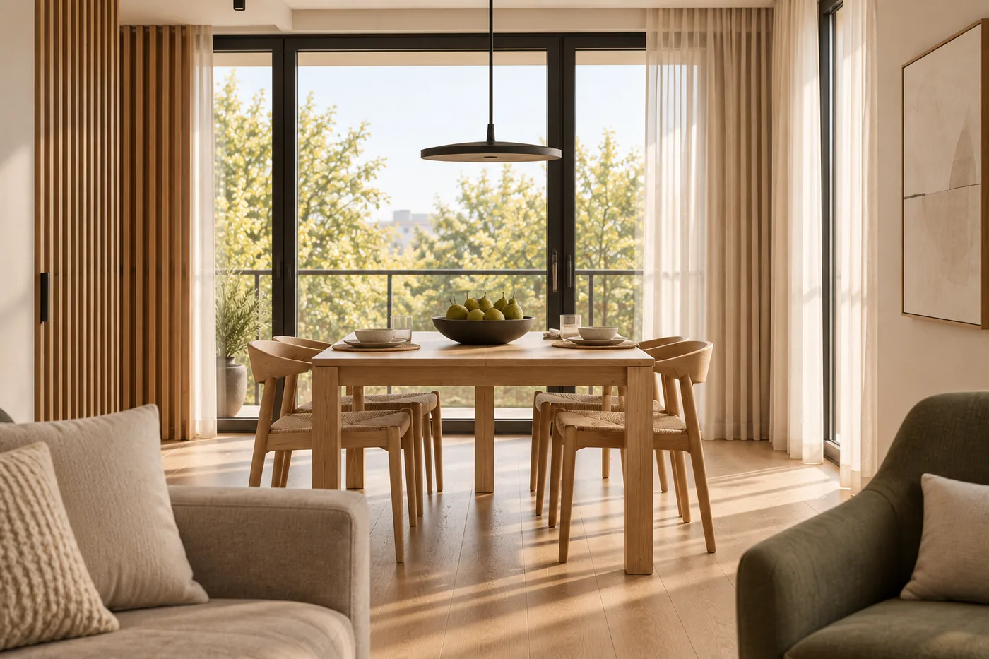Randare 3D a zonei de masă, deschisă spre living în Oak Shade.