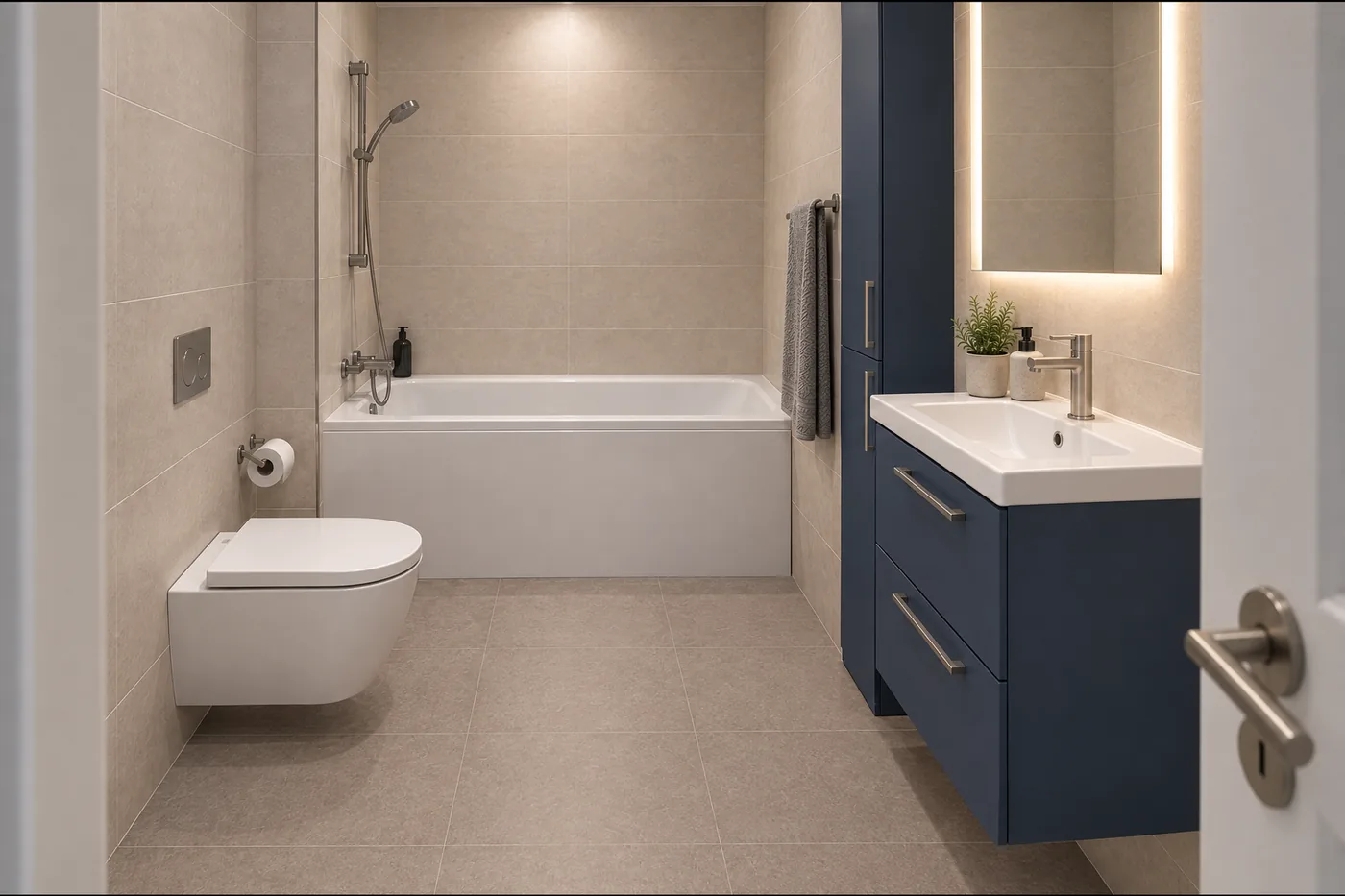 Randare 3D a băii Daylight Blue, cu cadă, vas suspendat și lavoar.
