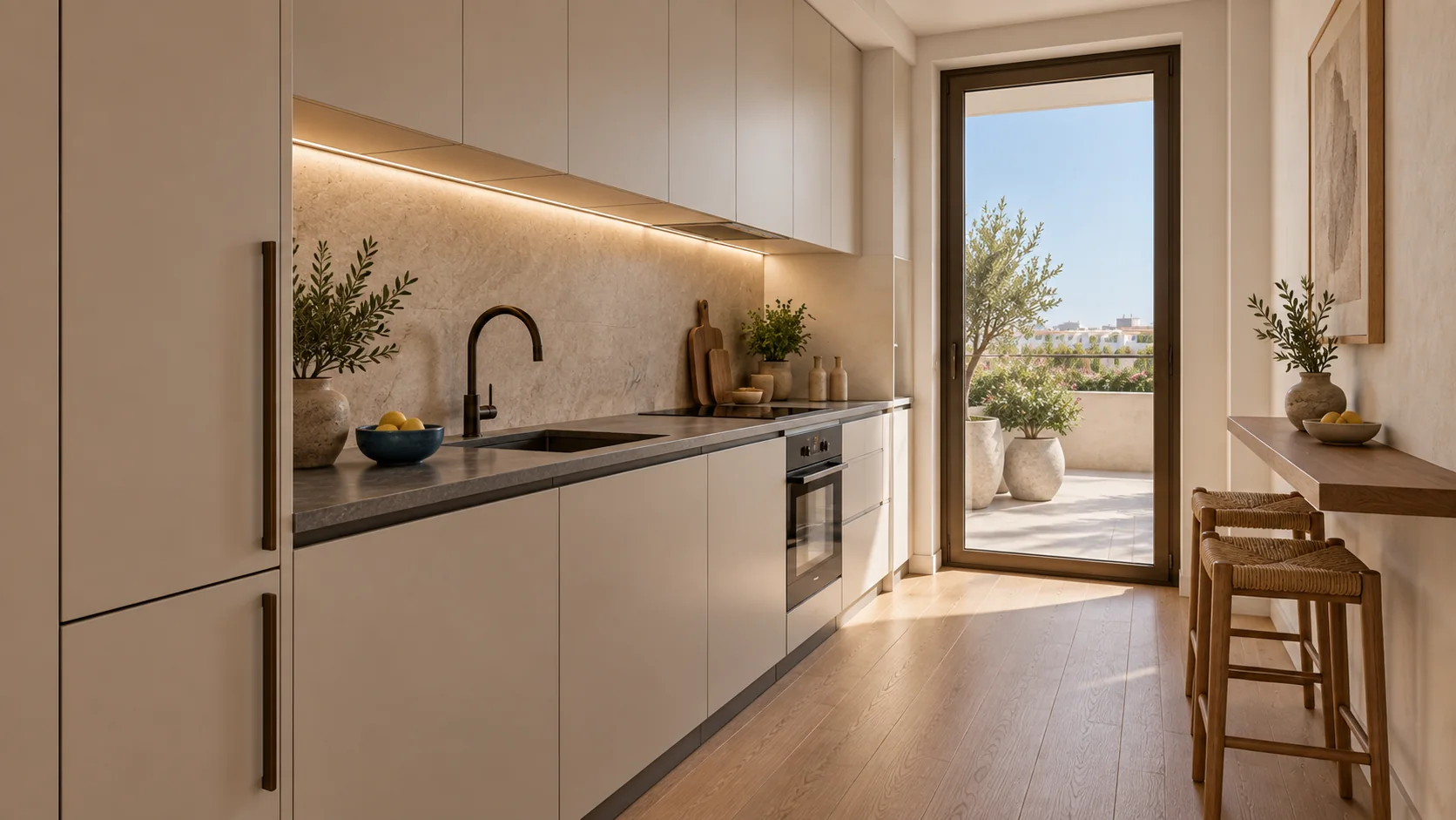 Randare 3D a bucătăriei Casa Levante, cu mobilier din nuc și blat de piatră deschisă.